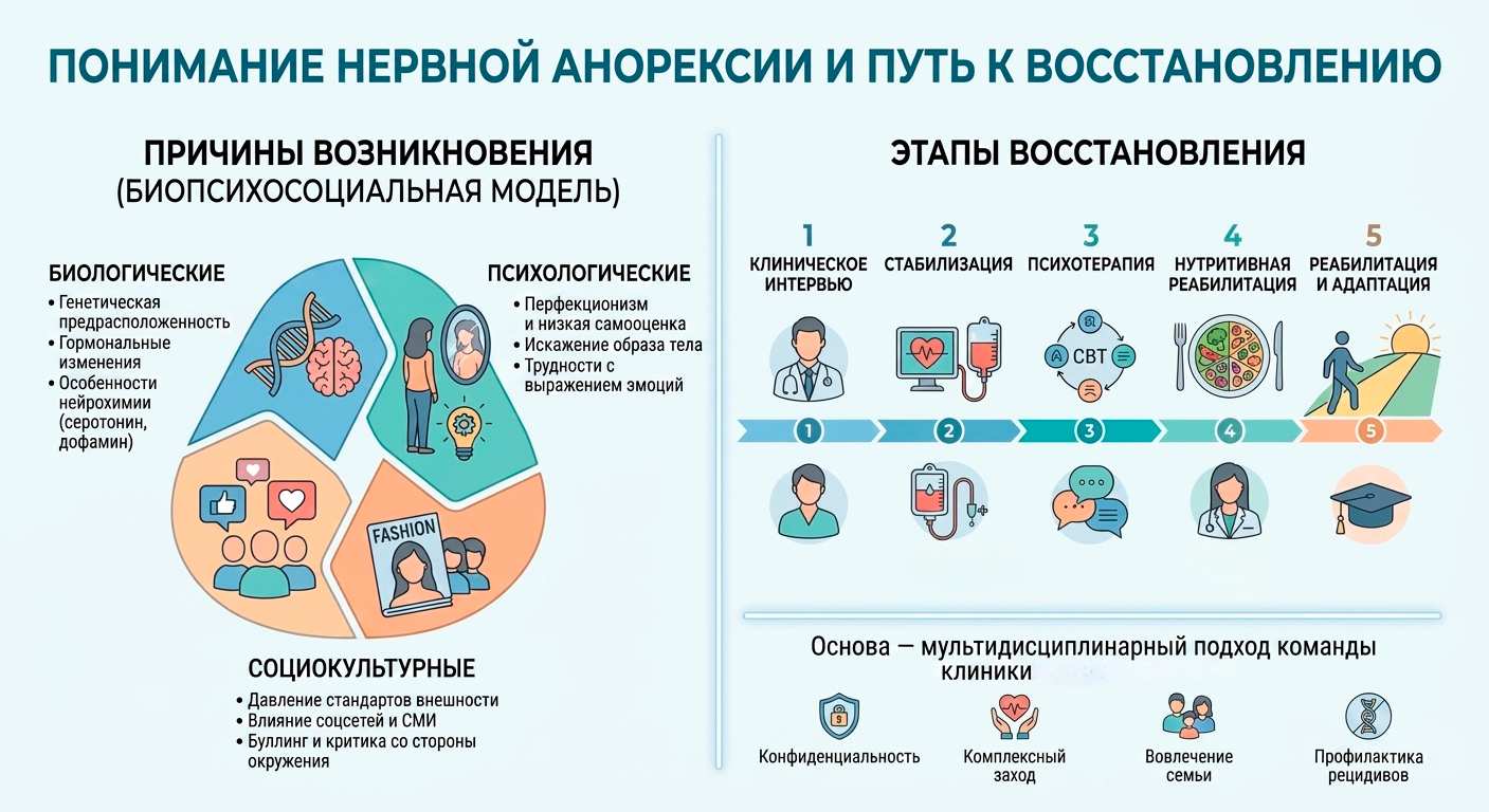 Медицинская инфографика, показывающая биопсихосоциальные причины анорексии и этапы комплексного лечения и реабилитации.